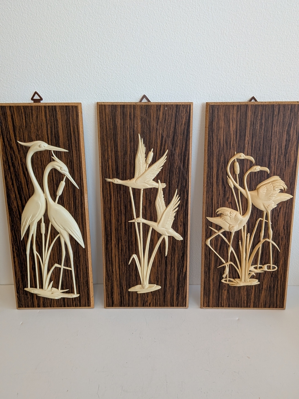 Carved Bakelite pictures on wood Wall Plaques, Set Of 3 Heron Geese Water Fowl